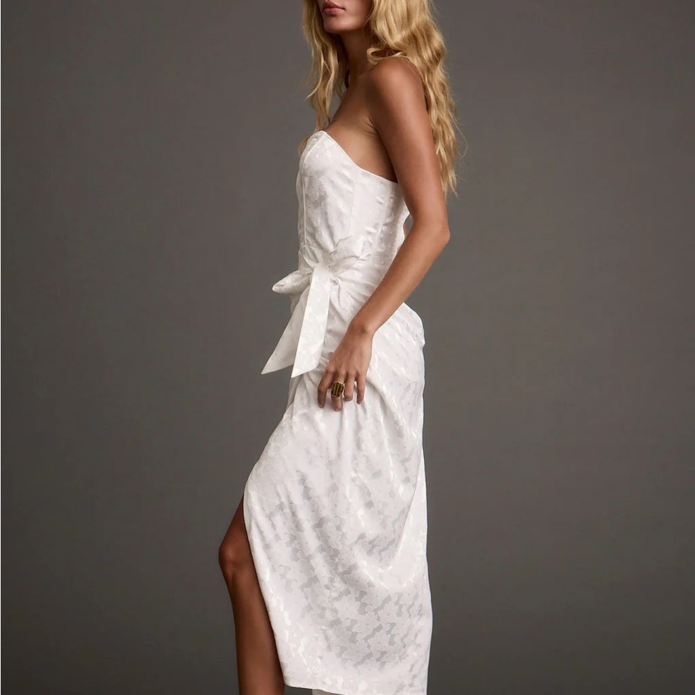 Strapless White Jacquard Midi Dress with Side Bow - Picture 7 of 7